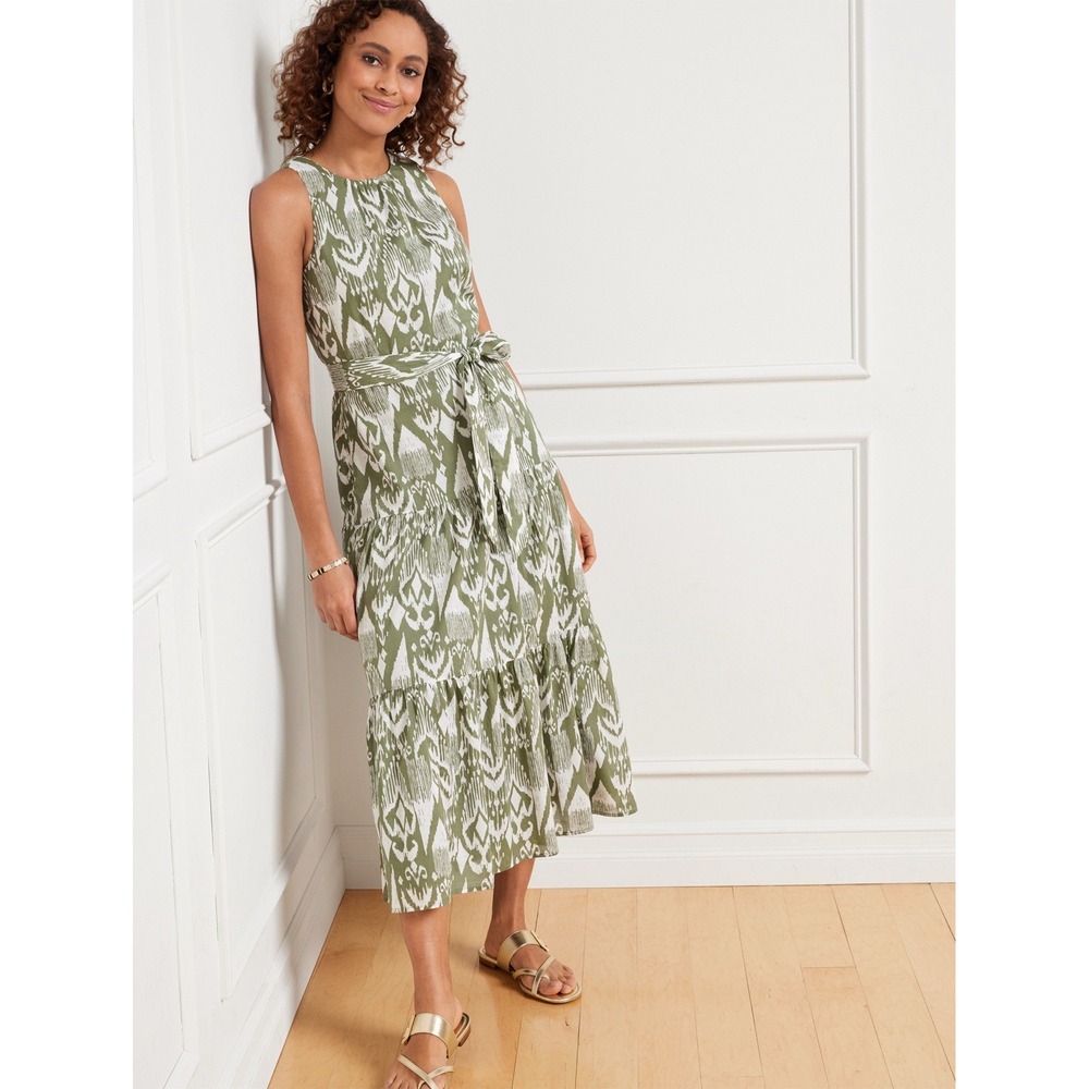 Talbots Maxi Dress Womens 10 Green Ikat Tiered Sleeveless Cotton Belted